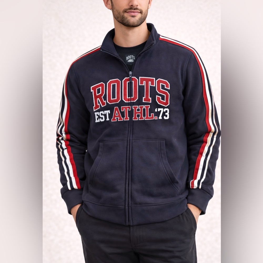 Roots Athletics Zip‎ Jacket Navy Red Stripe Logo Sweatshirt Men Small